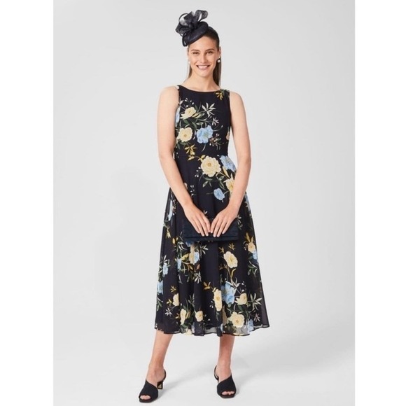HOBBS‎ LONDON CARLY MIDI FLORAL DRESS Navy Sleeveless Tea Brunch Wedding Women 4 - Picture 2 of 16